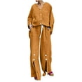 thumbnail image 1 of YABCSAZ Cotton Linen Set Long Sleeve V Neck Button Down Tee Shirt Tops and Wide Leg Pants Summer Casual Loose Fit Solid Color 2 Piece Pajama Sets, 1 of 9