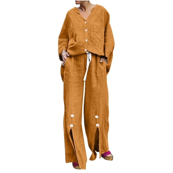 YABCSAZ Cotton Linen Set Long Sleeve V Neck Button Down Tee Shirt Tops and Wide Leg Pants Summer Casual Loose Fit Solid Color 2 Piece Pajama Sets