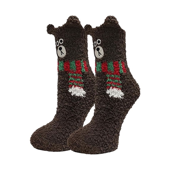 YABCSAZ Fleece Slipper Socks for Women, Cute Bear Ears Coral Fleece Floor Socks, Warm Thick Winter Socks, Non-Slip Cozy Sleep Socks, Coffee