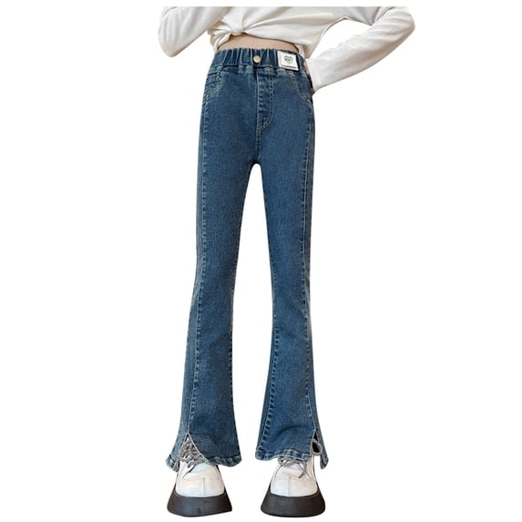 YABCSAZ Girl's Flare Jeans Elastic Waist Fleece Lined Denim Joggers Baby Casual Slim Comfy Pocket Toddler Jeans Streetwear,Trendy Kids Flares Pants Size 8 Years