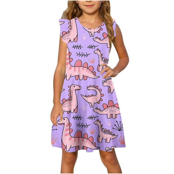 YABCSAZ Girl's Summer Dresses Ruffle Sleeve Tank Dress Round Neck Casual Loose Baby Girl Dress Dinosaurs Printed A-line Swing Dress Kids Trendy Outfits Big Girls Everyday Dress Size 9T