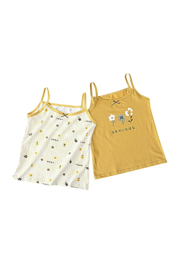 Girls Cami Tops Sleeveless Camisoles Flower Print Plaid Backless Tank Tops Summer Casual Stretch Undershirts Soft Comfort Breathable Dance Tank Tops, 2-Packs Size 8 Years