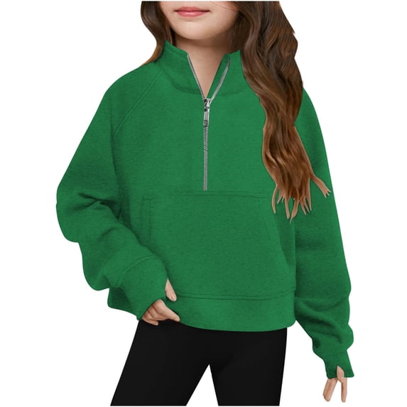 YABCSAZ Girls Half Zipper Sweatshirts Fleece Casual Loose Long Sleeve Shirts Solid Color Pullover Tops with Pockets Oversized Sweatshirts Thumb Hole Crop Tops for Teen Girls Size 160/13Y