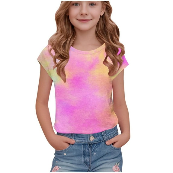 YABCSAZ Girls Summer Outfits Color Block Short Sleeve Tops Loose Fit Active Tee Shirts Kids Casual T-Shirts Blouses Tie Dye Shirts Tops Baby Clothes Size 9 T