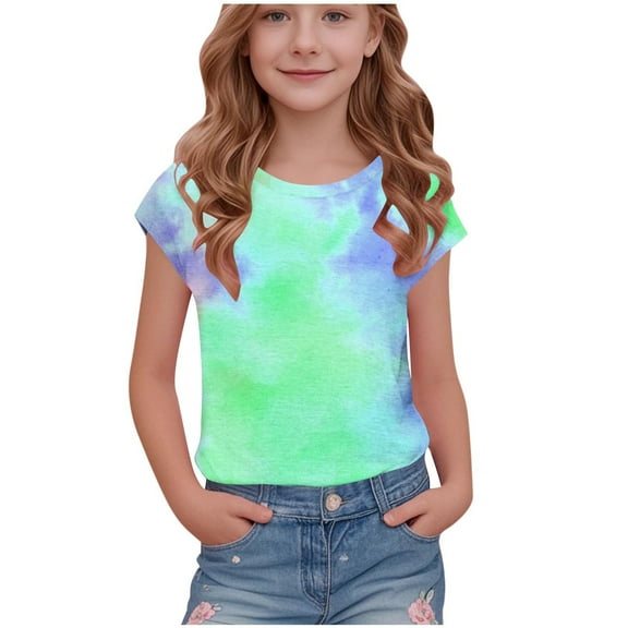 YABCSAZ Girls Summer Outfits Color Block Short Sleeve Tops Loose Fit Active Tee Shirts Kids Casual T-Shirts Blouses Tie Dye Shirts Tops Baby Clothes Size 5 T