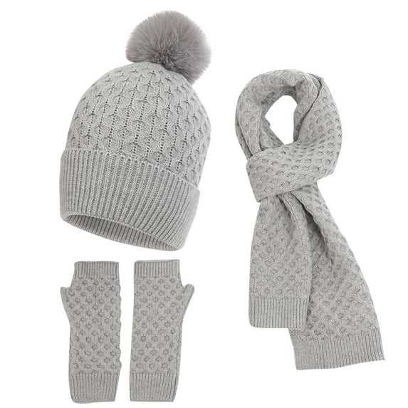 YABCSAZ Gloves for Women-Beanie Hat-Long Scarf,Thick Cable Faux Fuzzy Fur Pom Fleece Lined Hat, Warm Soft Fingerless Gloves,Winter Scarf 3Pack Fall Winter Set,Christmas Gifts