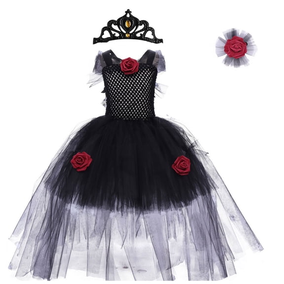 YABCSAZ Halloween Black Princess Costume Dress for Girls Sleeveless Tulle Dress Kids Cosplay Fancy Princess Dress with Accessories Set Size L