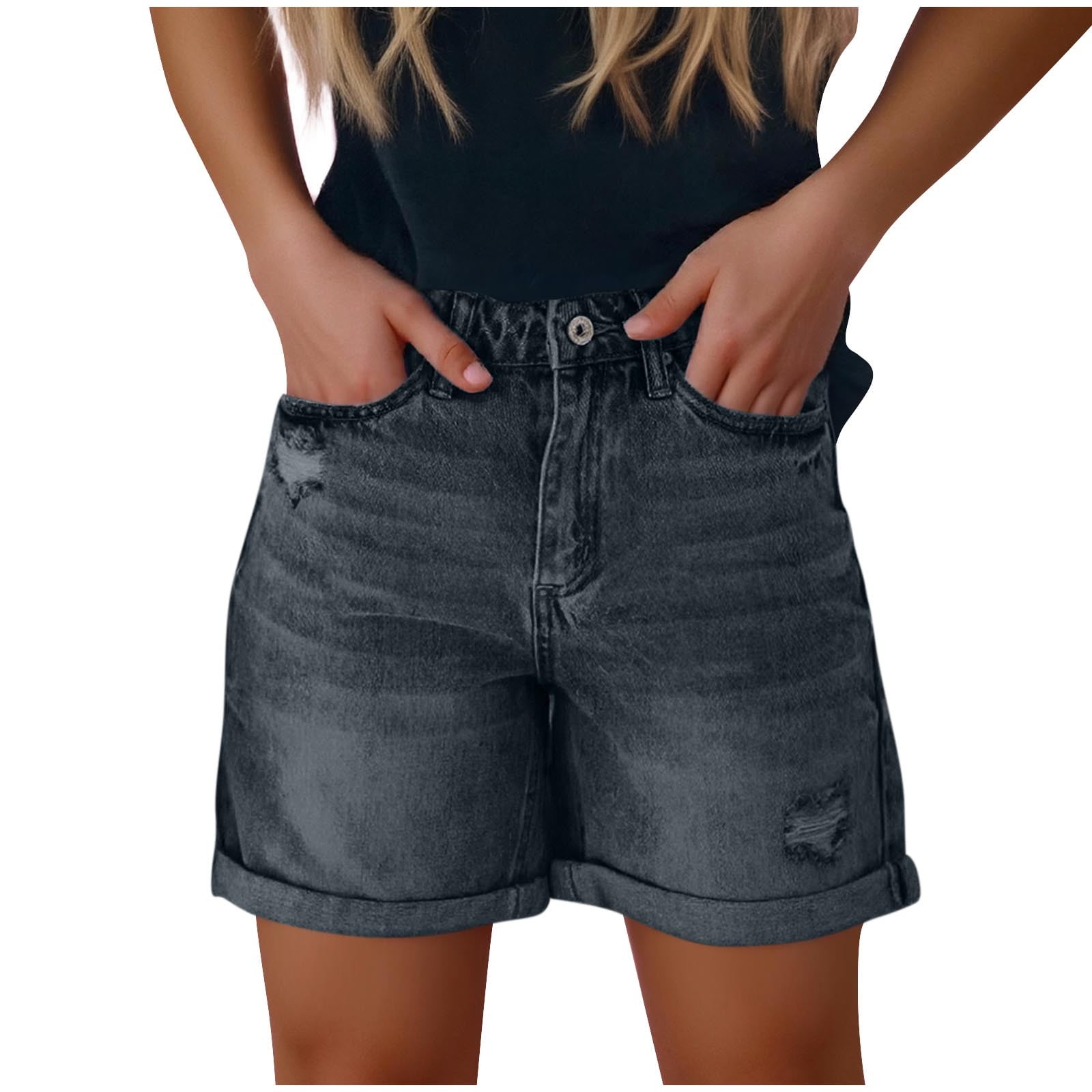 Women's Mid Rise Ripped Denim Shorts - Stretchy Jean Shorts With Folded Hem For Summer Casual Wear - View #10