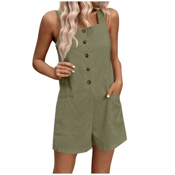 YABCSAZ Jumpsuits for Women Sleeveless Round Neck Short Jumpsuit Summer Romper Solid Color One Piece Bodysuit Casual Outfits Loose Shorts Trendy Jumpsuits Jeans with Pockets