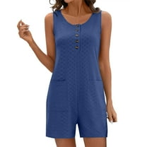 YABCSAZ Jumpsuits for Women Sleeveless Round Neck Short Jumpsuit Summer Romper Solid Color One Piece Bodysuit Casual Outfits Loose Shorts Trendy Jumpsuits Jeans with Pockets