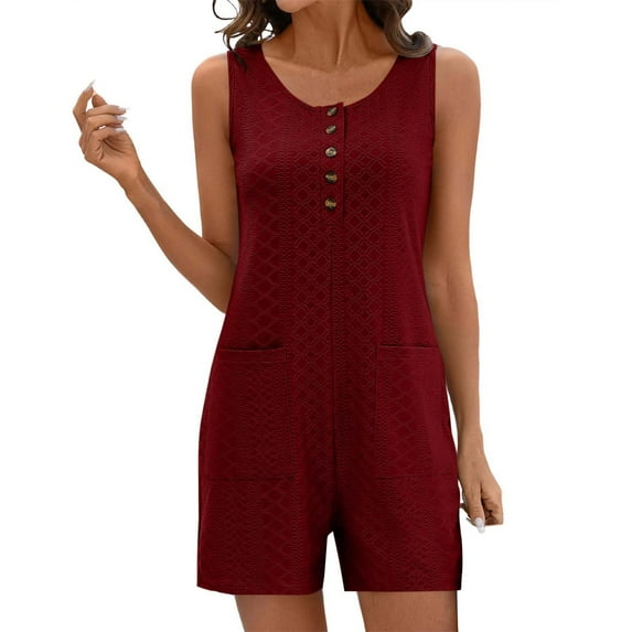 YABCSAZ Jumpsuits for Women Sleeveless Round Neck Short Jumpsuit Summer Romper Solid Color One Piece Bodysuit Casual Outfits Loose Shorts Trendy Jumpsuits Jeans with Pockets