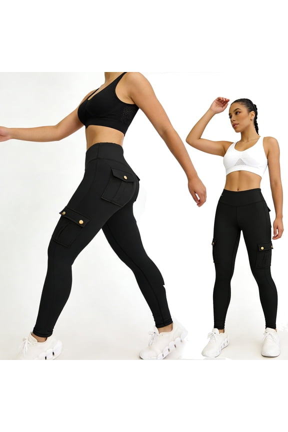 Lifting Leggings with Flap Pockets Workout Cargo Leggings for Women Solid Color Pants High Waist Tummy Control Running Yoga Pants