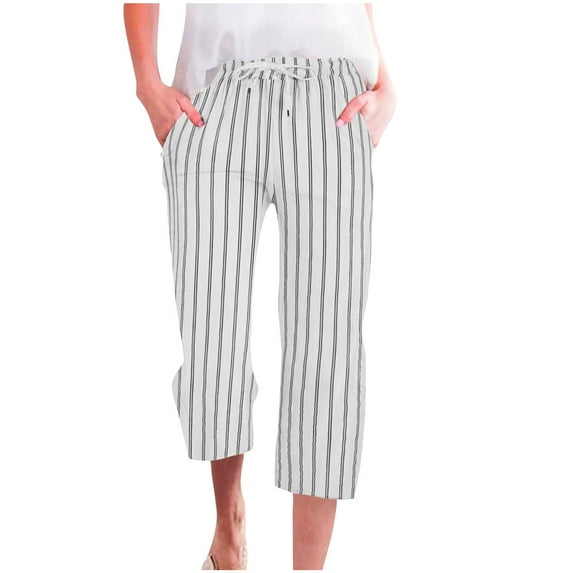 YABCSAZ Linen Pants women Summer Casual Loose Fit Stripe Long Pants with Pockets, Plus Size Soft Elastic High Waisted Drawstring Capri Pants for Women