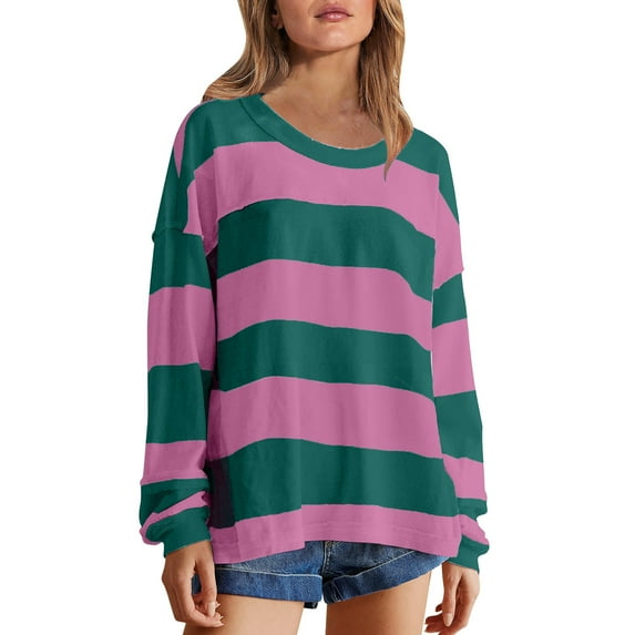 YABCSAZ Long Sleeve Shirts for Women Plus Size Casual Crewneck Striped Color Block Knitted Sweatshirts Soft Comfy Shirt Tops Trendy Pullover T Shirts Blouse