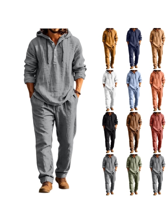 Men's 2 Piece Cotton Linen Sets Casual Long Sleeve Button Hoodie and Loose Pants Set Beach Vacation Outfits Casual Lightweight Lounge Sets