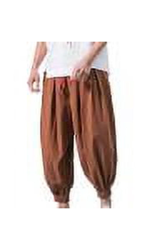 Men's Cotton Linen Harem Pants Drawstring Casual Cropped Trousers Lightweight Loose Drawstring Beach Yoga Pants Ankle Length Pants with Pockets