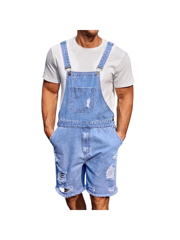 Men's Denim Bib Overall Shorts Above Knee Length Rompers Ripped Frayed Distressed Denim Shorts Jumpsuits Summer Casual Baggy Walk Dungaree Jumpsuit Relaxed Fit Jean Shorts for Workout