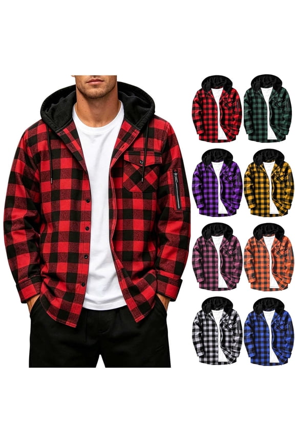 Men's Hooded Shirt Plaid Button-Down Long Sleeve Flannel Shirt with Zipper Pockets Casual Outdoor Daily Wear Cotton Blend Men's Shirt, Blue