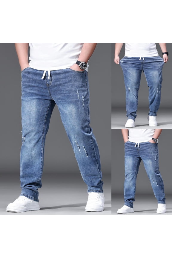 Men's Plus Size Jeans Stretchy Elastic Waisted Ripped Distressed Blue Jeans, Big and Tall Pull On Jogger Denim Pants, Stretch Denim, Drawstring Casual Stacked Pants for Men Size M-3XL