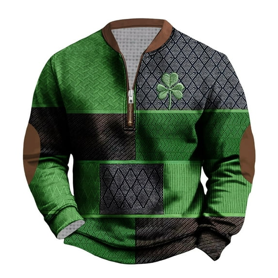 YABCSAZ Men's St Patricks Day Sweatshirt Long Sleeve Irish Shirts Vintage Stand Collar Zip Pullover Shamrock Clover Printed Plaid Sweaters,Mardi Gras Valentine's Day Gifts
