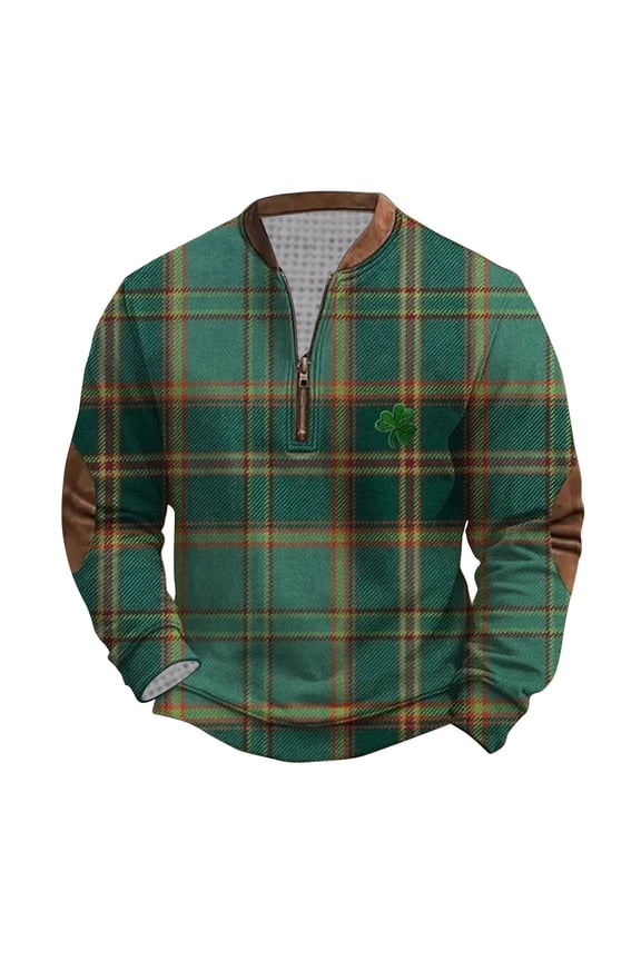 Men's St Patricks Day Sweatshirt Long Sleeve Irish Shirts Vintage Stand Collar Zip Pullover Shamrock Clover Printed Plaid Sweaters,Mardi Gras Valentine's Day Gifts