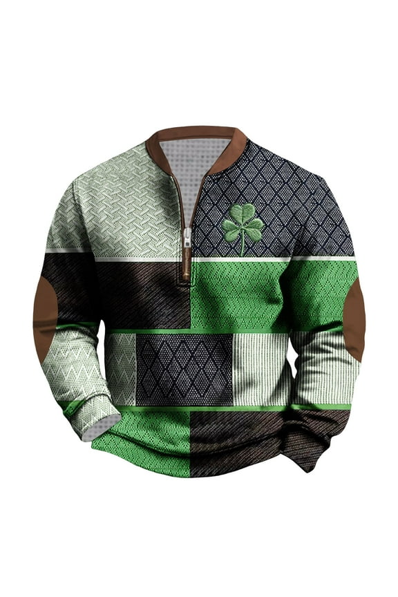 Men's St Patricks Day Sweatshirt Long Sleeve Irish Shirts Vintage Stand Collar Zip Pullover Shamrock Clover Printed Plaid Sweaters,Mardi Gras Valentine's Day Gifts