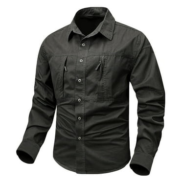 YABCSAZ Men's Tactical Shirts Long Sleeve Button Down Oxford Shirts Solid Color Regular Fit Shirt Tops V Neck Dress Shirts with Pocket Hiking Fishing Shirts