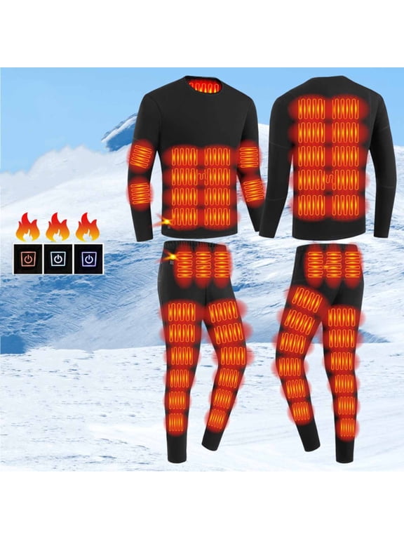 Men's USB Charging Heated Vest Set, 3-Zone Heating Thermal Long Sleeve Top & Pants, Polyester Winter Heating Gear with USB Charging, Black, XL