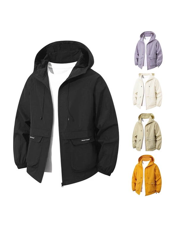 Men's Windproof Jacket Hooded Outdoor Coat Sun Protection Drawstring Jacket Lightweight Shell with Pockets 100% Nylon Solid Color for Daily Wear, Khaki