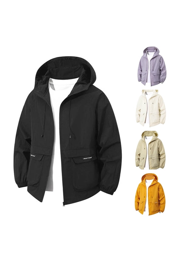Men's Windproof Jacket Hooded Outdoor Coat Sun Protection Drawstring Jacket Lightweight Shell with Pockets 100% Nylon Solid Color for Daily Wear, Purple