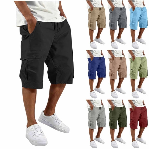 YABCSAZ Mens Cargo Shorts 3/4 Length Drawstring Elastic Waist Multi Pocket Loose Fit Casual Work Shorts Cotton Blend Outdoor Streetwear with Pockets for Men