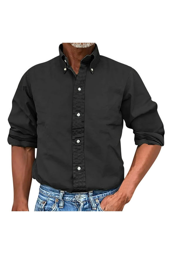 Mens Dress Shirt Regular Fit Long Sleeve Button Down V Neck Shirts with Pocket, Casual Solid Color Rugged Flex Relaxed Oxford Shirt for Men