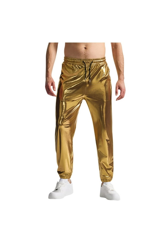 Mens Gold Metallic Shiny Pants Night Club Pants Elastic Waist Pants Soft Comfort Sweatpants 70s 80s 90s Disco Pant Hip-pop Pants Party Dance Straight Leg Trousers