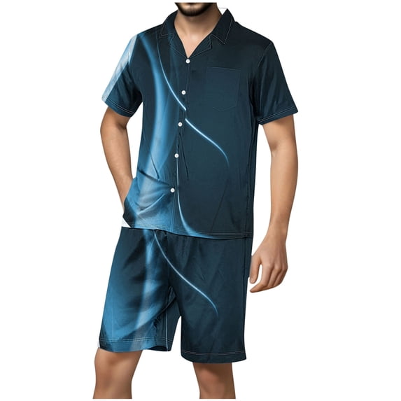 YABCSAZ Mens Pajama Set Short Slevee V Neck Button Down Shirt Tops and Wide Leg Bermuda Shorts Summer Casual Loose Fit Sleepwear Outfits Home Lounge Set