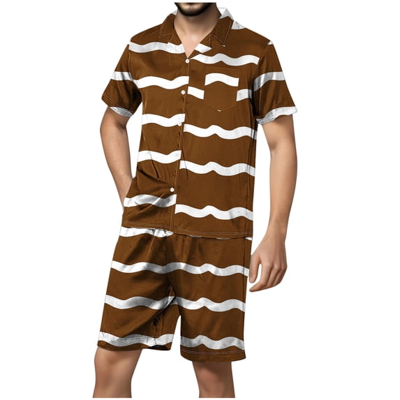 YABCSAZ Mens Pajama Set Short Slevee V Neck Striped Button Down Shirt Tops and Wide Leg Bermuda Shorts Summer Casual Loose Fit Sleepwear Outfits Home Lounge Set