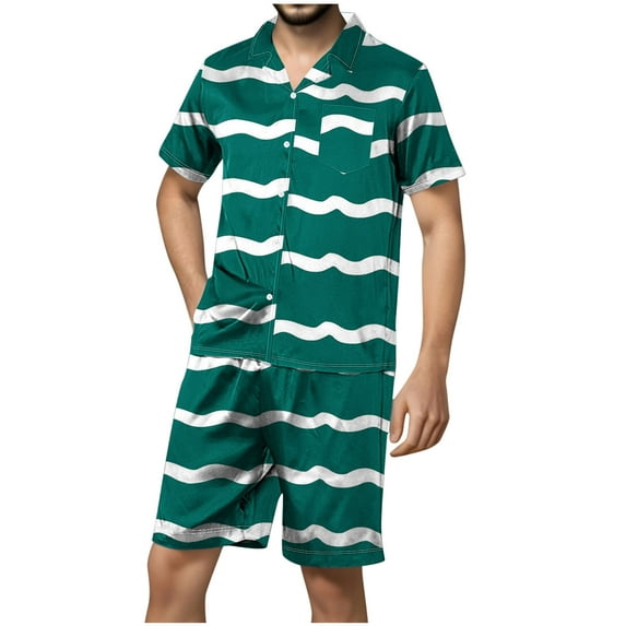 YABCSAZ Mens Pajama Set Short Slevee V Neck Striped Button Down Shirt Tops and Wide Leg Bermuda Shorts Summer Casual Loose Fit Sleepwear Outfits Home Lounge Set