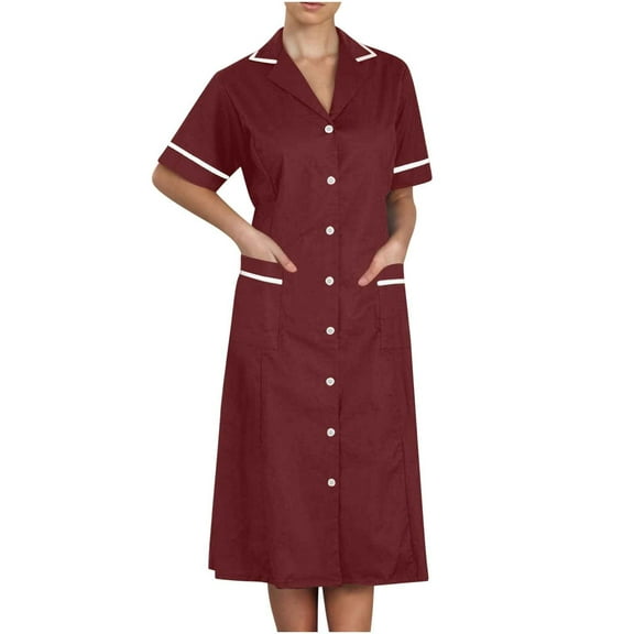 YABCSAZ Nurse Dress for Women's Button Down Lapel Short Sleeve Scrub Uniforms with Pockets Lightweight Scrubs Workwear Spa Salons Staff Solid Housekeeping Hospital Nurse Scrub Coat Uniform Dress