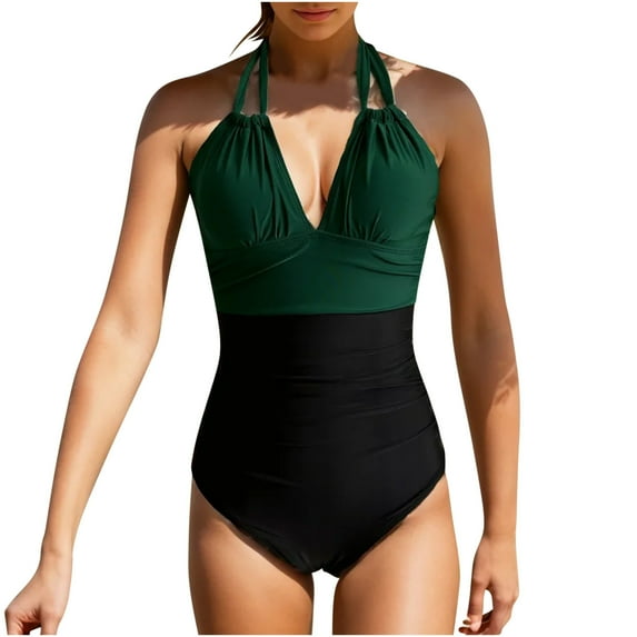 YABCSAZ One Piece Swimsuit Women Sexy Color Block Padded Swimwear Plus Size High Cut High Elasticity Beachwear Tummy Control Bathing Suit Summer Saving Clearance!