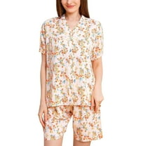 YABCSAZ Oversize Pajama Sets for Women Long Sleeve V Neck Button Tops and Wide Leg Bermuda Shorts Casual Loose Printed 2 Piece Outfits