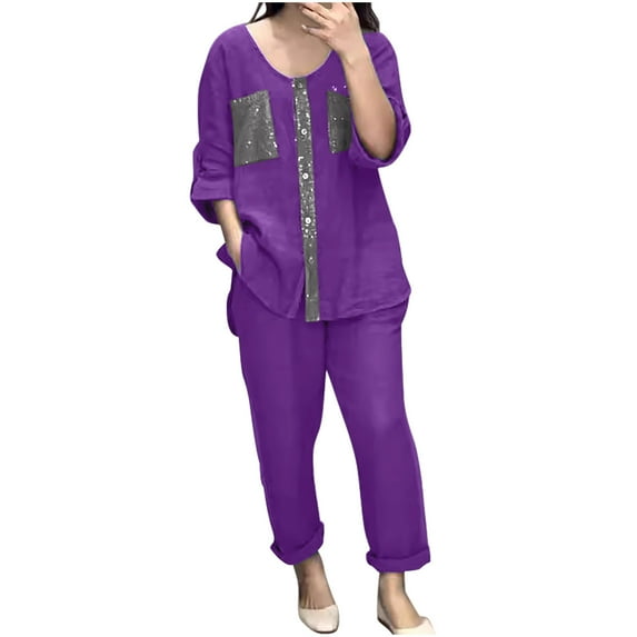 YABCSAZ Oversized T-shirt Sets for Women Cotton Linen Button Down Shirts Classic Print Lapel Long Sleeve Tops and Loose Drawstring Pants Set with Pockets