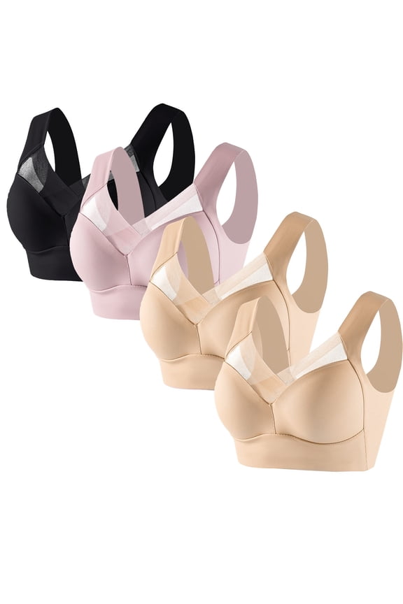 Plus Size Sports Bras for Women Wirefree Compression Bra Close Breast Augmentation Underwear Flex Back Everyday Bras Wireless Support Full Coverage Bra Lace Side Collection 4-Pack