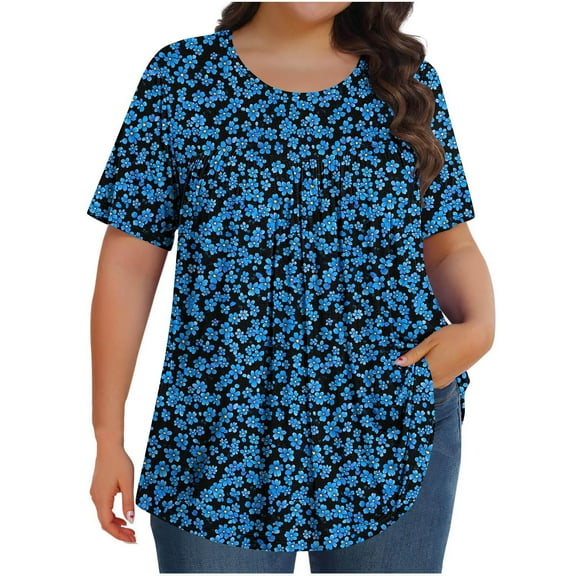 YABCSAZ Plus Size Tops for Women Short Sleeve T Shirts Crewneck Floral Trendy Tops Summer Casual Blouse Loose Fit Soft Comfy Tee Shirts Women's Oversize Tops Size L-5XL