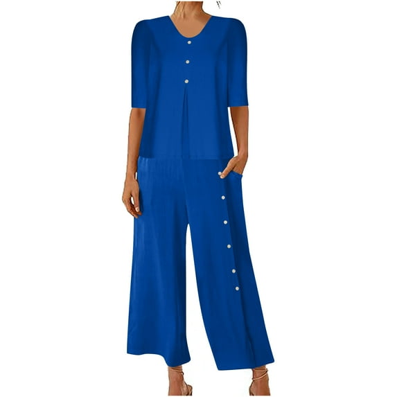 YABCSAZ Pluse Size Summer Outfits for Women Short Sleeve V Neck Top and Wide Leg Pants Casual Solid Color Button Side Loose Fit 2 Piece Outfits