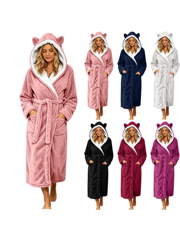 Robes for Women, Women Bathrobe Hooded Long Robe Winter Shawl Bathrobe Sleepwear Robe Long Sleeve Solid with Belt and Pockets, Plush Fleece Lounge Housecoat for Women