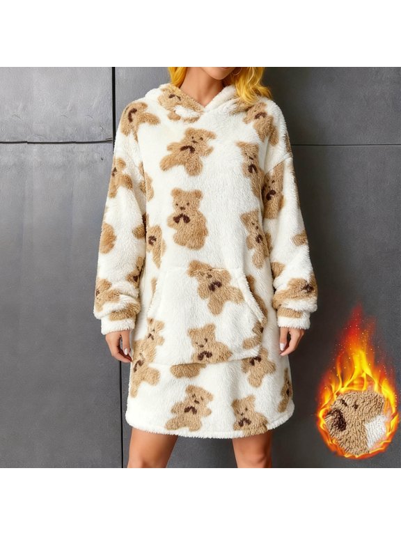 Robes for Women, Women's Flannel Nightgown Robe, Hooded Fleece Robe with Pockets, Fuzzy Long Sleeve Sleep Robe, Thickened Teddy Bear Printed Loungewear Robe, Winter Bathrobe