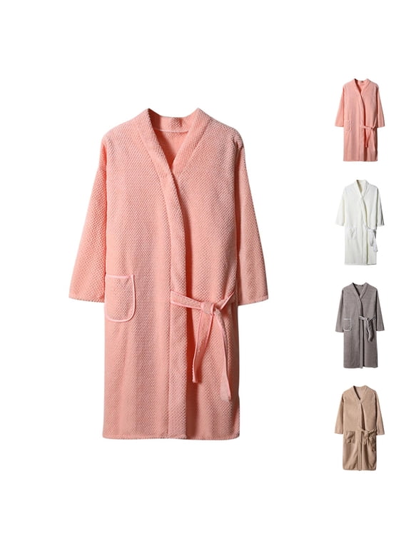 Robes for Women, Women Bathrobe Winter Coral Fleece Loungewear Robe Long Sleeve Solid Color Quick-Dry Absorbent Stretchy