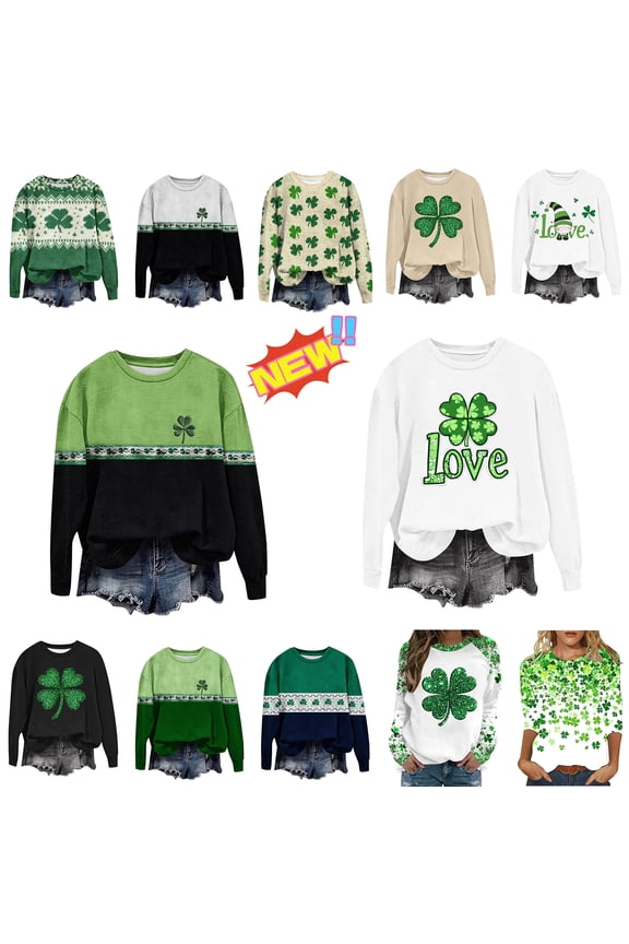 St Patrick's Day Sweatshirts for Women Shamrock Clover Printed Funny Ugly Shirts Long Sleeve Irish Shirts Casual Loose Oversize Charms Shirts Blouse Paddy's Day Great Parade Tops