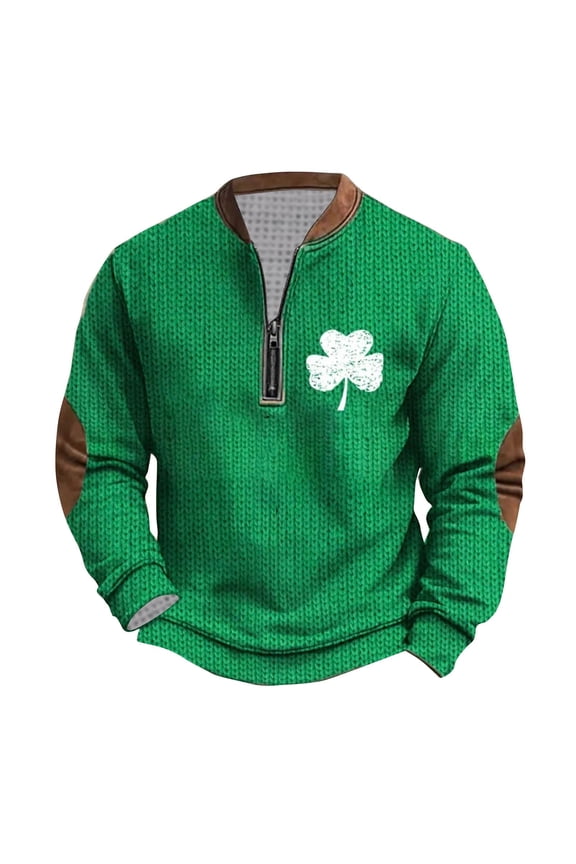 St Patricks Day Sweatshirt for Men Irish Shirts Long Sleeve Tops Vintage Stand Collar Zip Pullover Shamrock Clover Printed Funny Ugly Sweaters,Mardi Gras Valentine's Day Gifts