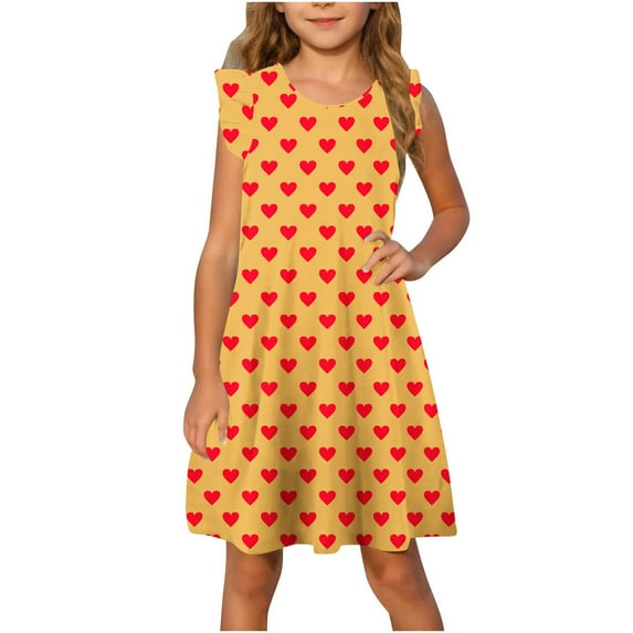 YABCSAZ Summer Dresses for Girls Ruffle Sleeve Tank Dress Round Neck Casual Loose Baby Girl Dress Loving Printed A-line Swing Dress Kids Trendy Outfits Big Girls Everyday Dress Size 4T