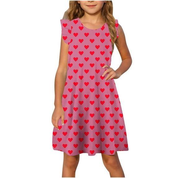YABCSAZ Summer Dresses for Girls Ruffle Sleeve Tank Dress Round Neck Casual Loose Baby Girl Dress Loving Printed A-line Swing Dress Kids Trendy Outfits Big Girls Everyday Dress Size 11T